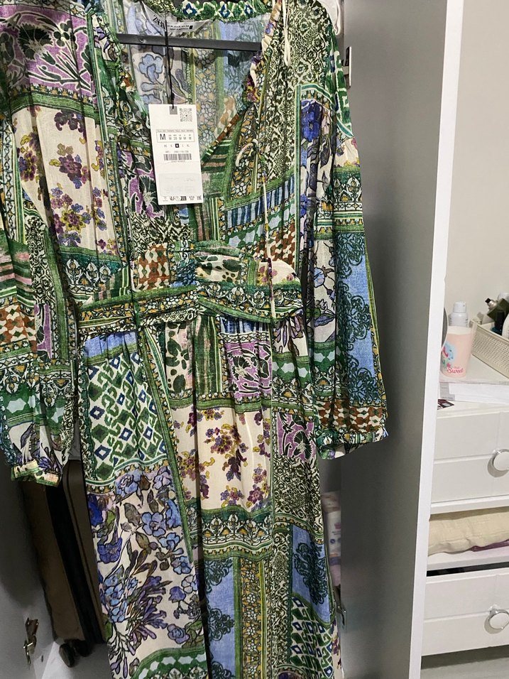 Bohem Desenli Uzun Kollu Kuşaklı Elbise - Görsel 2