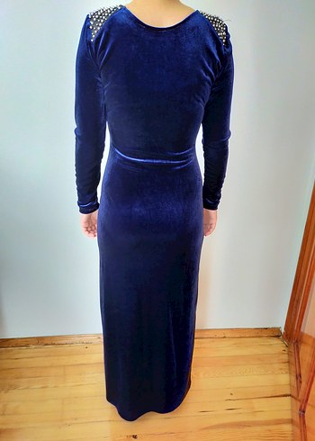 Uzun Kollu Mavi Kadife Abiye Elbise - Görsel 2