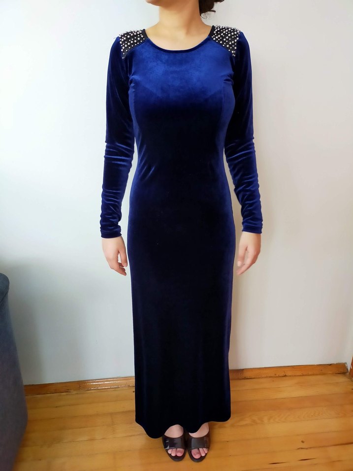Uzun Kollu Mavi Kadife Abiye Elbise - Görsel 3