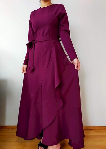 Bordo Uzun Kollu Drapeli Kadın Elbise - Görsel 2