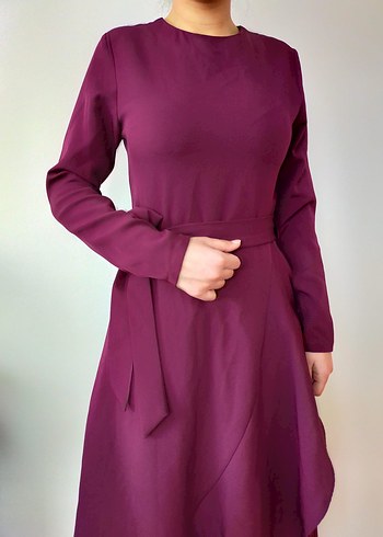 Bordo Uzun Kollu Drapeli Kadın Elbise - Görsel 3