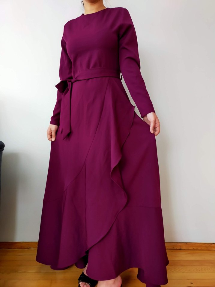 Bordo Uzun Kollu Drapeli Kadın Elbise - Görsel 2