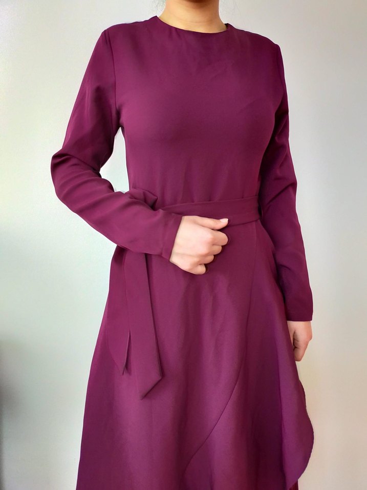 Bordo Uzun Kollu Drapeli Kadın Elbise - Görsel 3