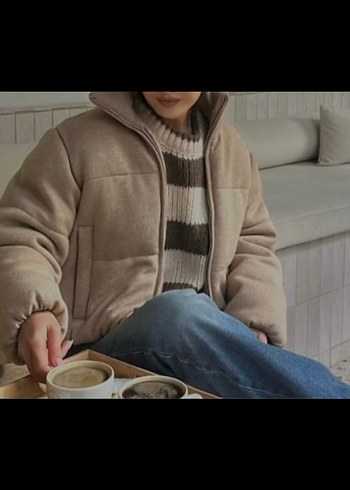 Bej Fermuarlı Kısa Kadın Mont - Görsel 4