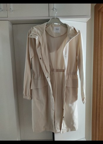 Beyaz Midi Keten Kadın Yağmurluk - Görsel 2