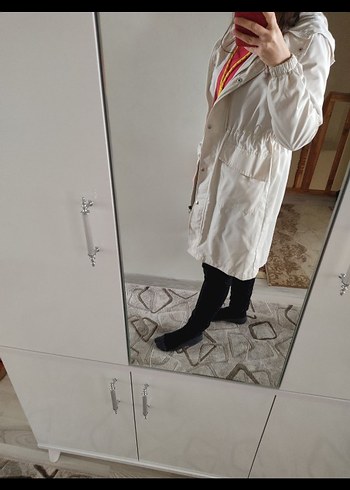 Beyaz Midi Keten Kadın Yağmurluk - Görsel 5