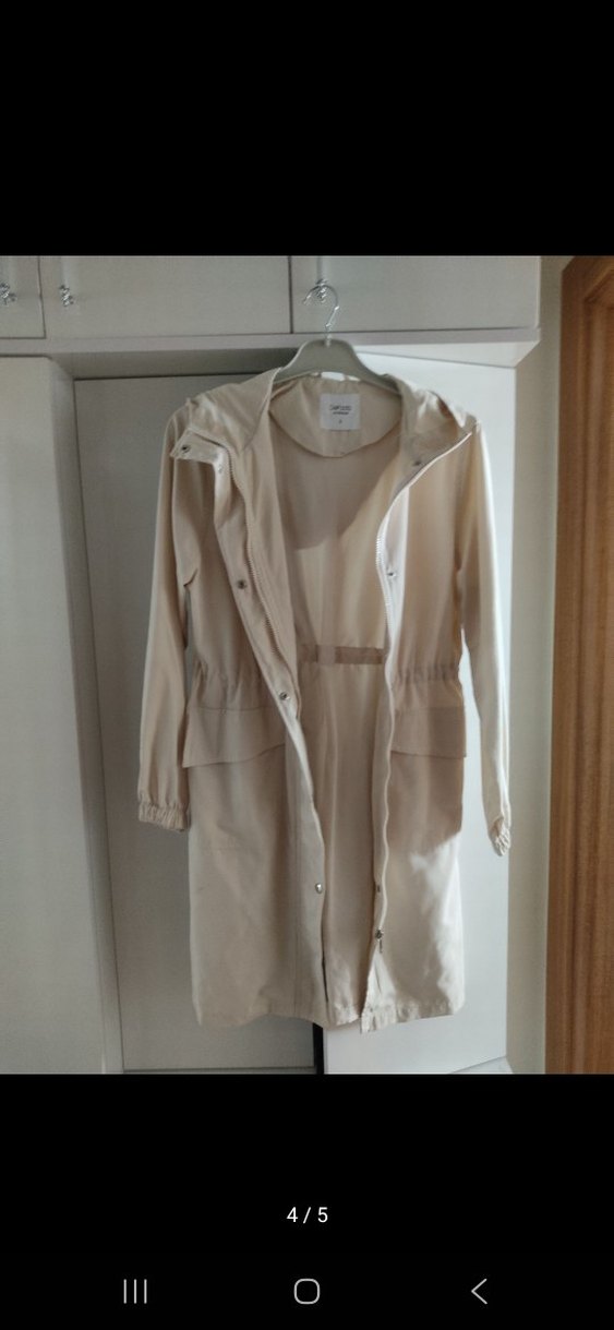 Beyaz Midi Keten Kadın Yağmurluk - Görsel 2