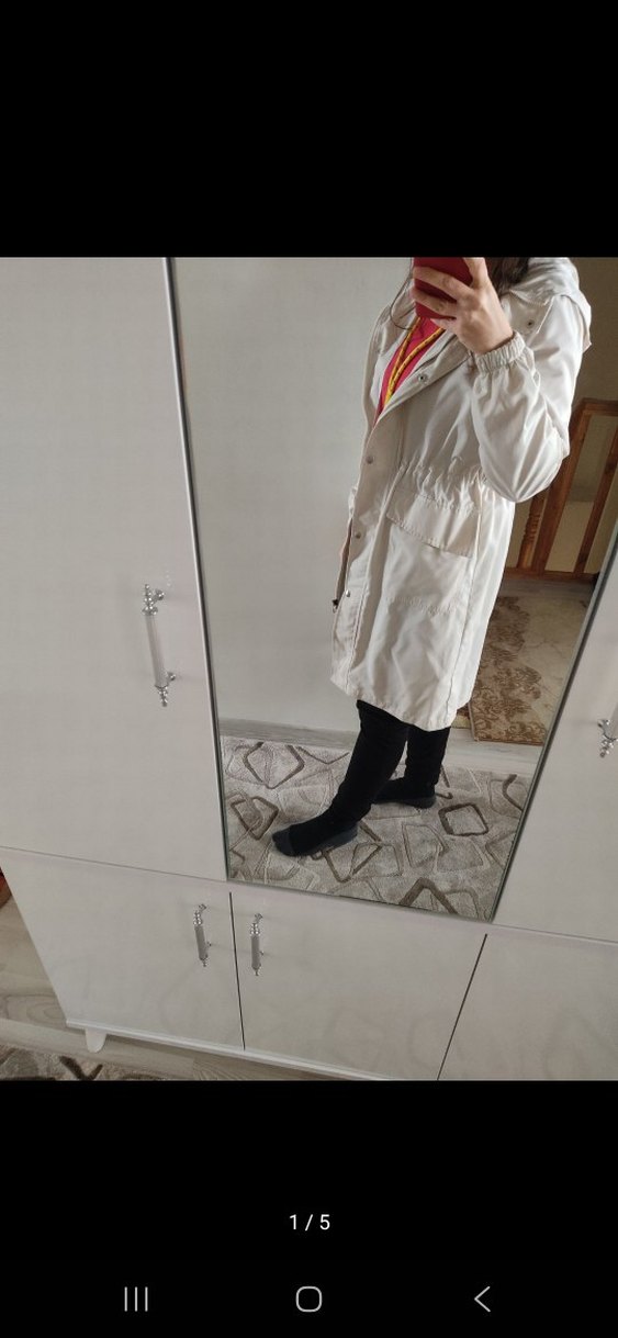 Beyaz Midi Keten Kadın Yağmurluk - Görsel 5