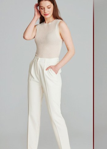 Kadın Beyaz Pilili Midi Kumaş Pantolon - Görsel 7