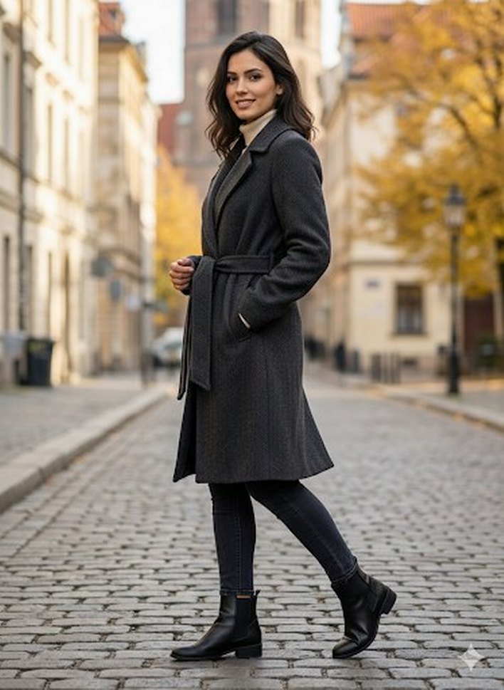 Kemerli Antrasit Kadın Kaban - Görsel 2