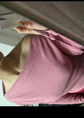 Pembe Drapeli Tekne Yaka  Bluz - Görsel 2