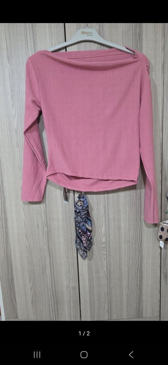 Pembe Drapeli Tekne Yaka  Bluz - Görsel 3