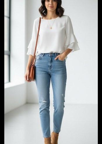 Kadın Beyaz Kısa Kollu Pamuklu Bluz - Görsel 2