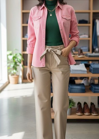 Pembe Düğmeli Denim Kadın Gömlek - Görsel 2