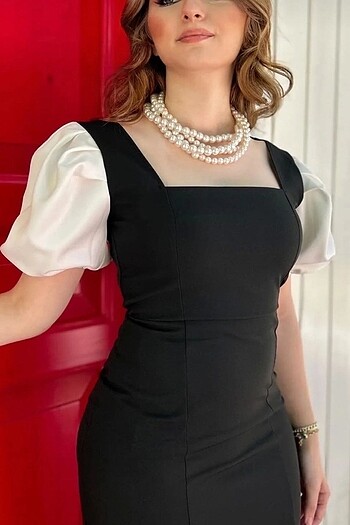 Diğer Balon Kol Kare Yaka Siyah Beyaz Elbise