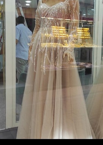 Uzun Kollu V Yaka Bej Prenses Gelinlik - Görsel 3