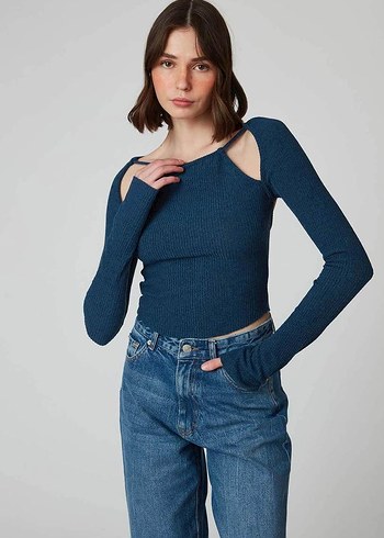 Trendy Kısa Lacivert Triko Bluz