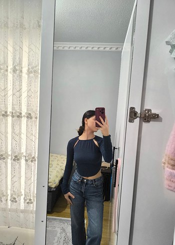 xs Beden Trendy Kısa Lacivert Triko Bluz