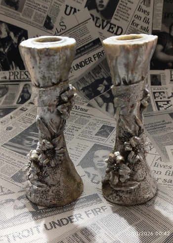 Altın Detaylı Gri Mumluk Çift Seti - Görsel 2