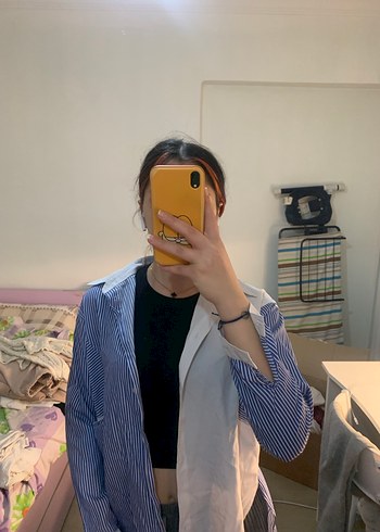 Beyaz mavi desenli uzun kollu gömlek - Görsel 4