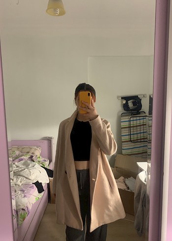 Bej Midi Kadın Kaban, Notch Yaka, Rahat Kesim - Görsel 3