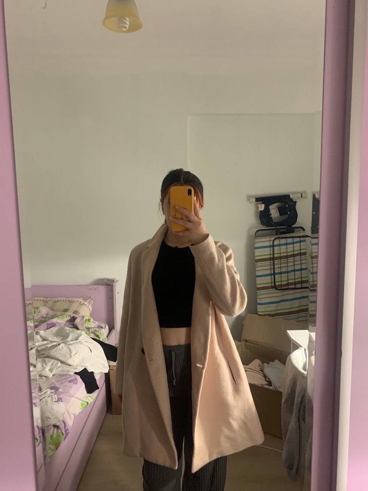 Bej Midi Kadın Kaban, Notch Yaka, Rahat Kesim - Görsel 3