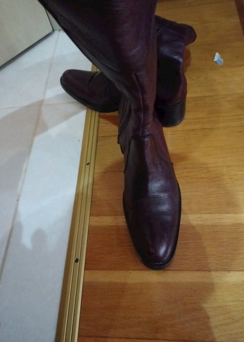 Kahverengi hakiki Deri Tokalı Kadın Çizme - Görsel 2