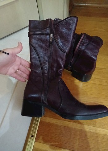 Kahverengi hakiki Deri Tokalı Kadın Çizme - Görsel 3