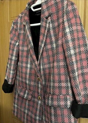 Kadın Pembe Ekose Düğmeli Blazer Ceket - Görsel 3