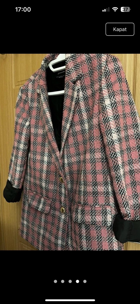 Kadın Pembe Ekose Düğmeli Blazer Ceket - Görsel 3