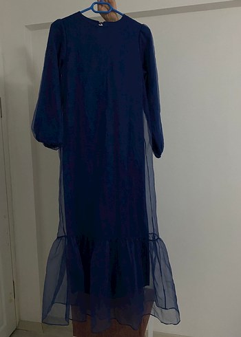 Lacivert Uzun Kollu Bohem Uzun Elbise - Görsel 3