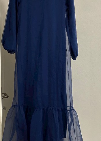 Lacivert Uzun Kollu Bohem Uzun Elbise - Görsel 2