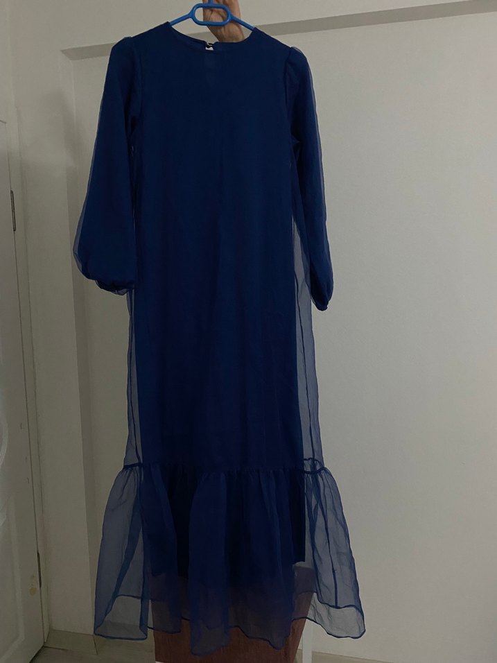 Lacivert Uzun Kollu Bohem Uzun Elbise - Görsel 3