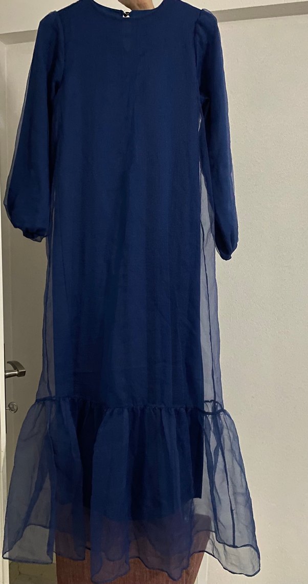 Lacivert Uzun Kollu Bohem Uzun Elbise - Görsel 2