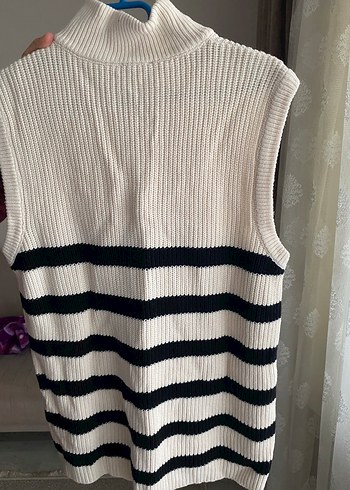 Çizgili Boğazlı Kolsuz Triko Süveter - Görsel 4