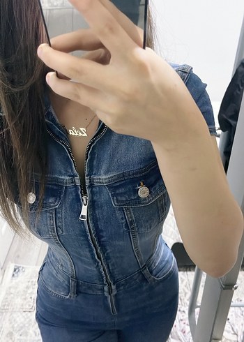 xs Beden Bershka Düğmeli Mavi Denim Kadın Tulum