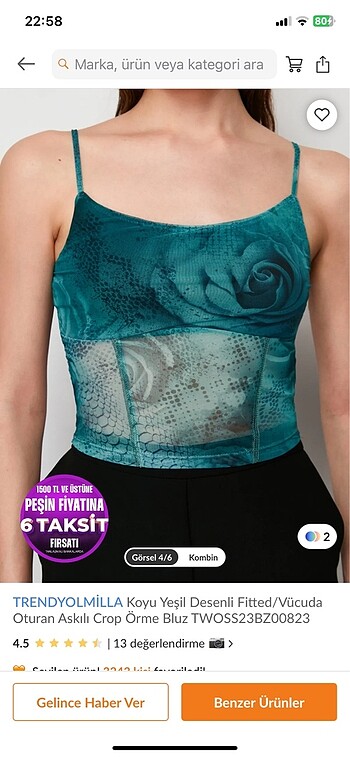m Beden Trendyolmilla yeşil desenli askılı crop