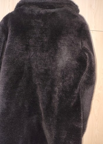 Siyah Peluş Uzun Kollu Midi Kadın Kaban - Görsel 2