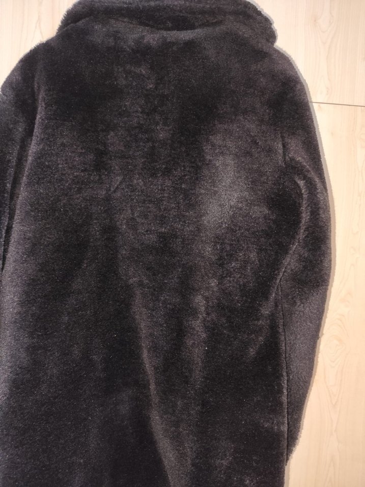 Siyah Peluş Uzun Kollu Midi Kadın Kaban - Görsel 2