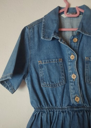 Düğmeli Kısa Kollu Mavi Denim Elbise