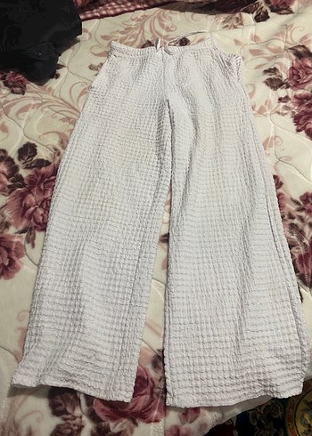 beyaz Kadın Keten Piliseli Bol Kesim Pantolon - Görsel 2