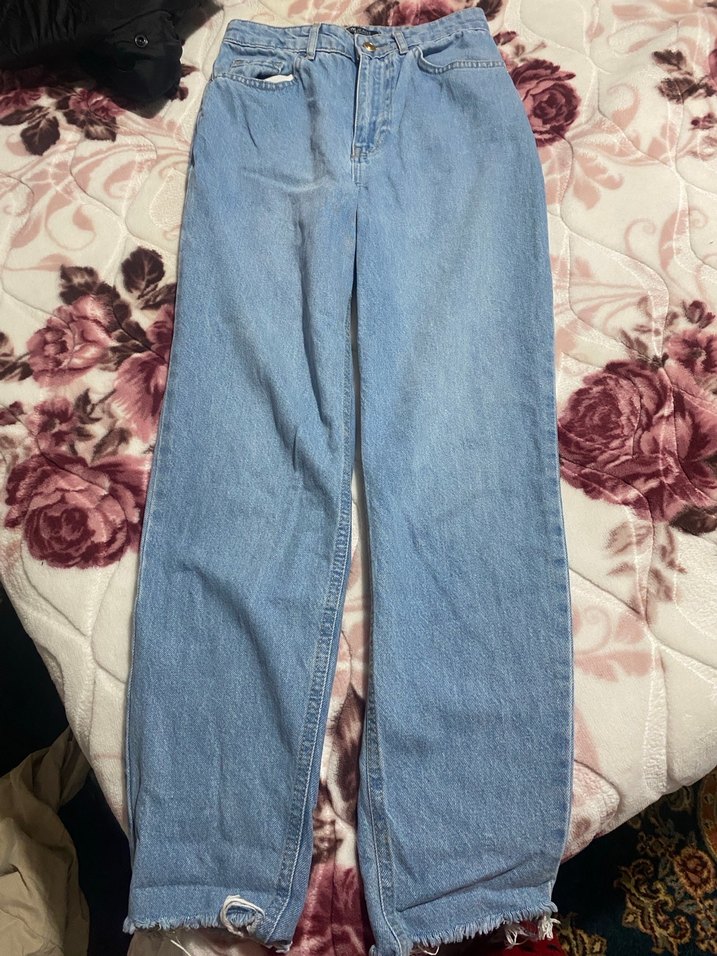 Kadın Mavi Bağlama Desenli Salaş Kot Pantolon - Görsel 2