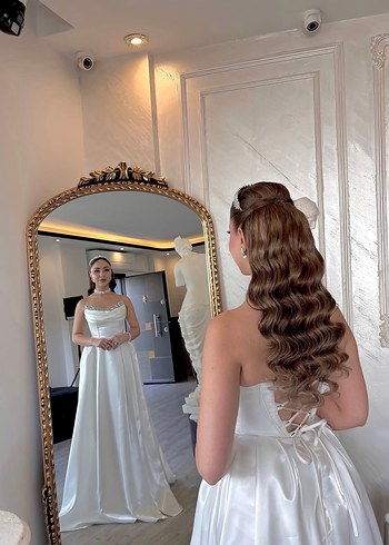 Beyaz Straplez Uzun A Kesim nişanlık abiye veya gelinlik - Görsel 3