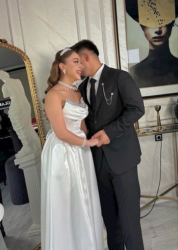 Beyaz Straplez Uzun A Kesim nişanlık abiye veya gelinlik - Görsel 5