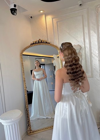 Beyaz Straplez Uzun A Kesim nişanlık abiye veya gelinlik - Görsel 2