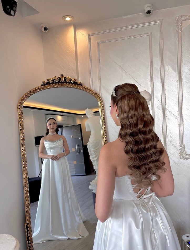 Beyaz Straplez Uzun A Kesim nişanlık abiye veya gelinlik - Görsel 3