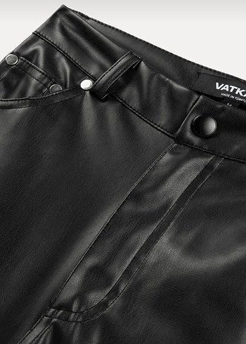 Kadın Siyah Deri Düz Paça Pantolon - Görsel 6