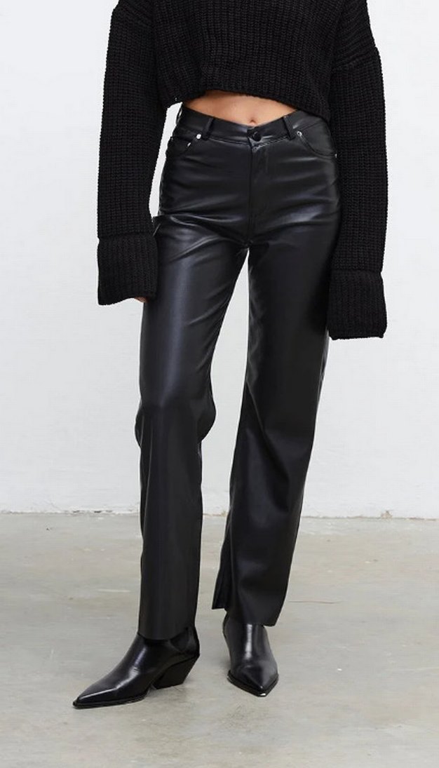 Kadın Siyah Deri Düz Paça Pantolon - Görsel 4