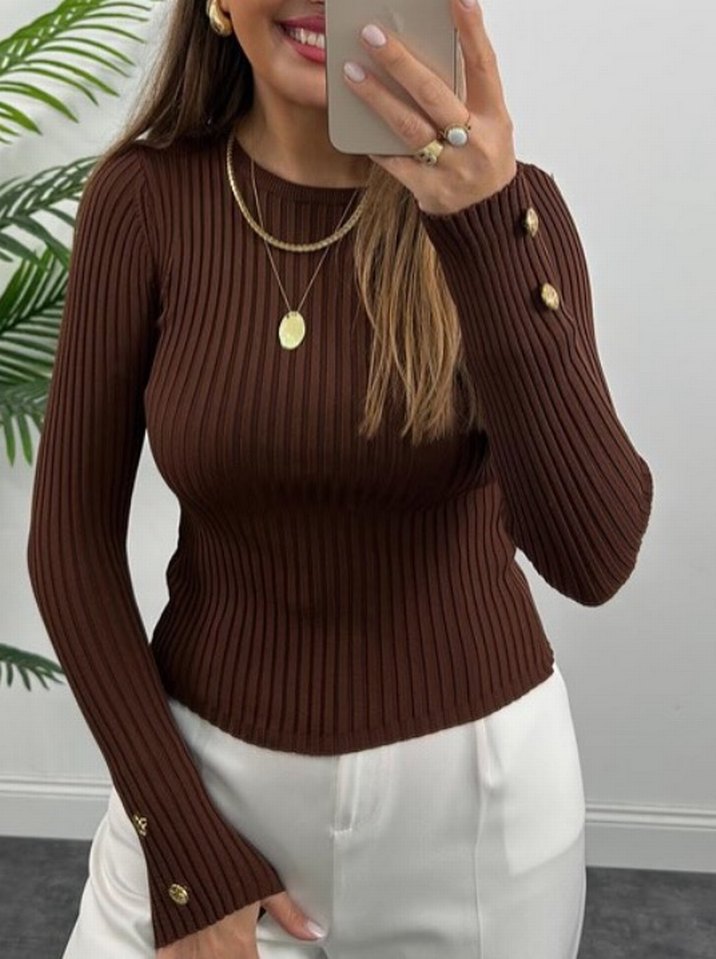 Düğmeli Kahverengi Basic Triko - Görsel 4