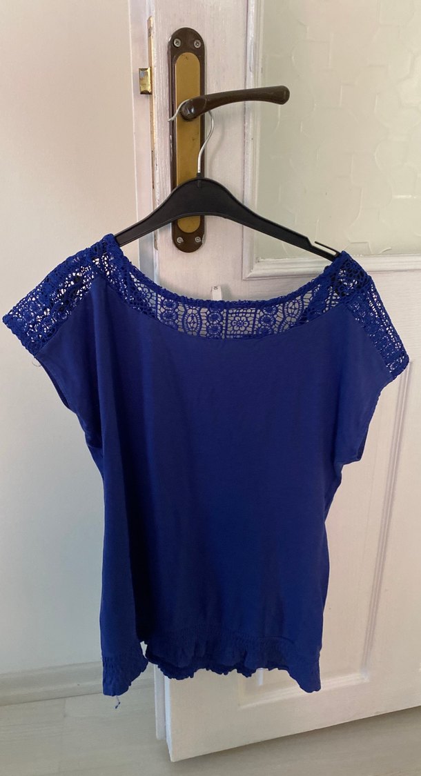 Düğmeli Kısa Kollu Mavi Bohem Bluz - Görsel 2